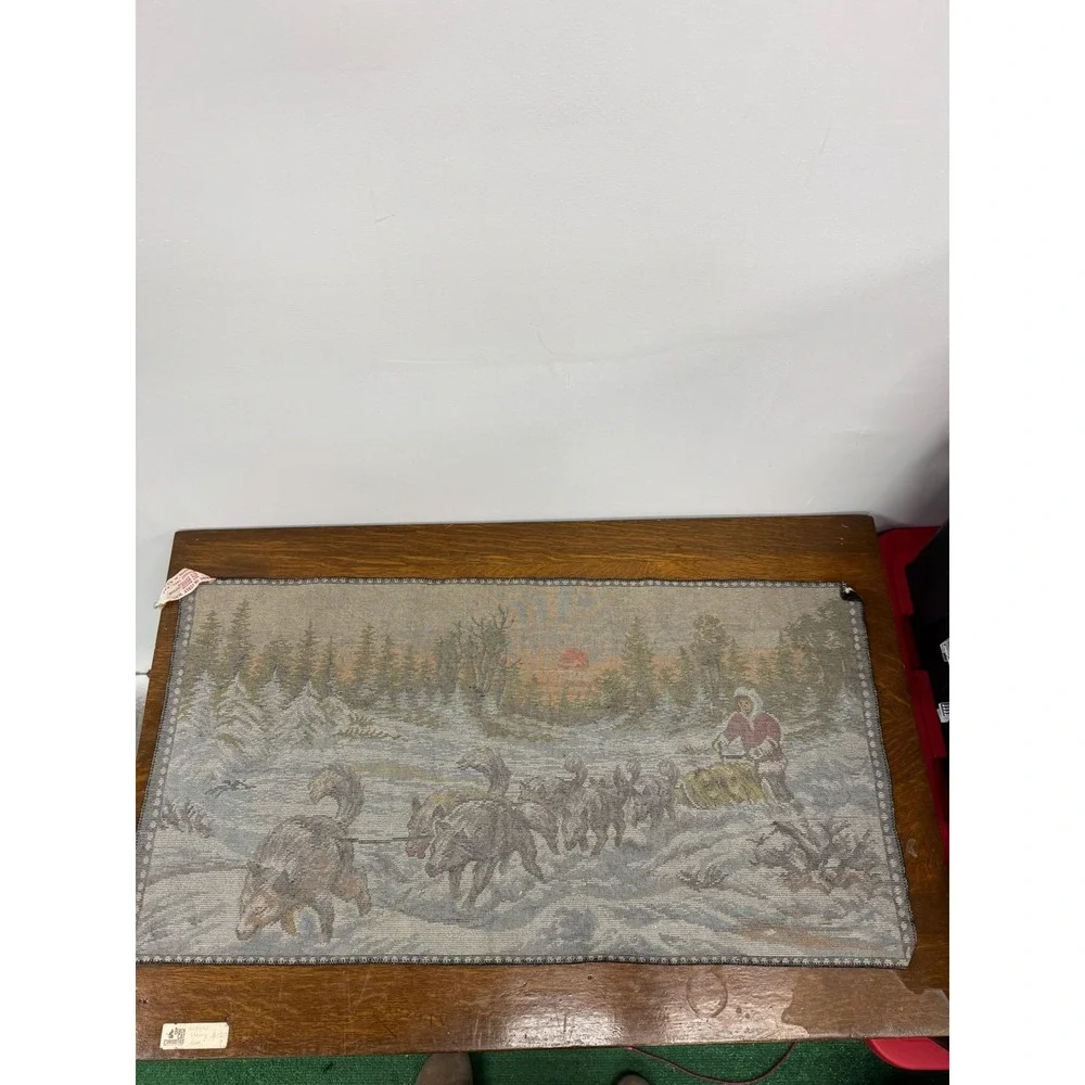 Vintage 1965 Italian Sled Dog Wall Tapestry Rug Winter Sunset‎ Scene Italy Art